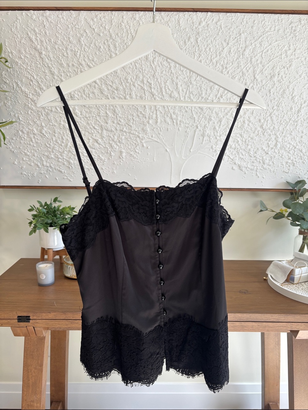 Commense Black Lace-Trim Satin Slip Top
